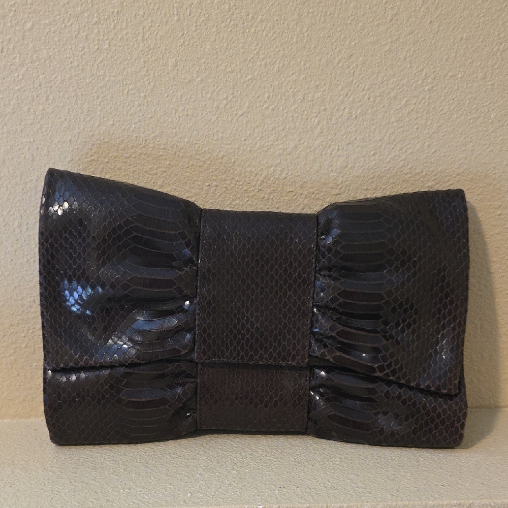 Furla Dark Brown Leather Snakeskin Textured Clutch